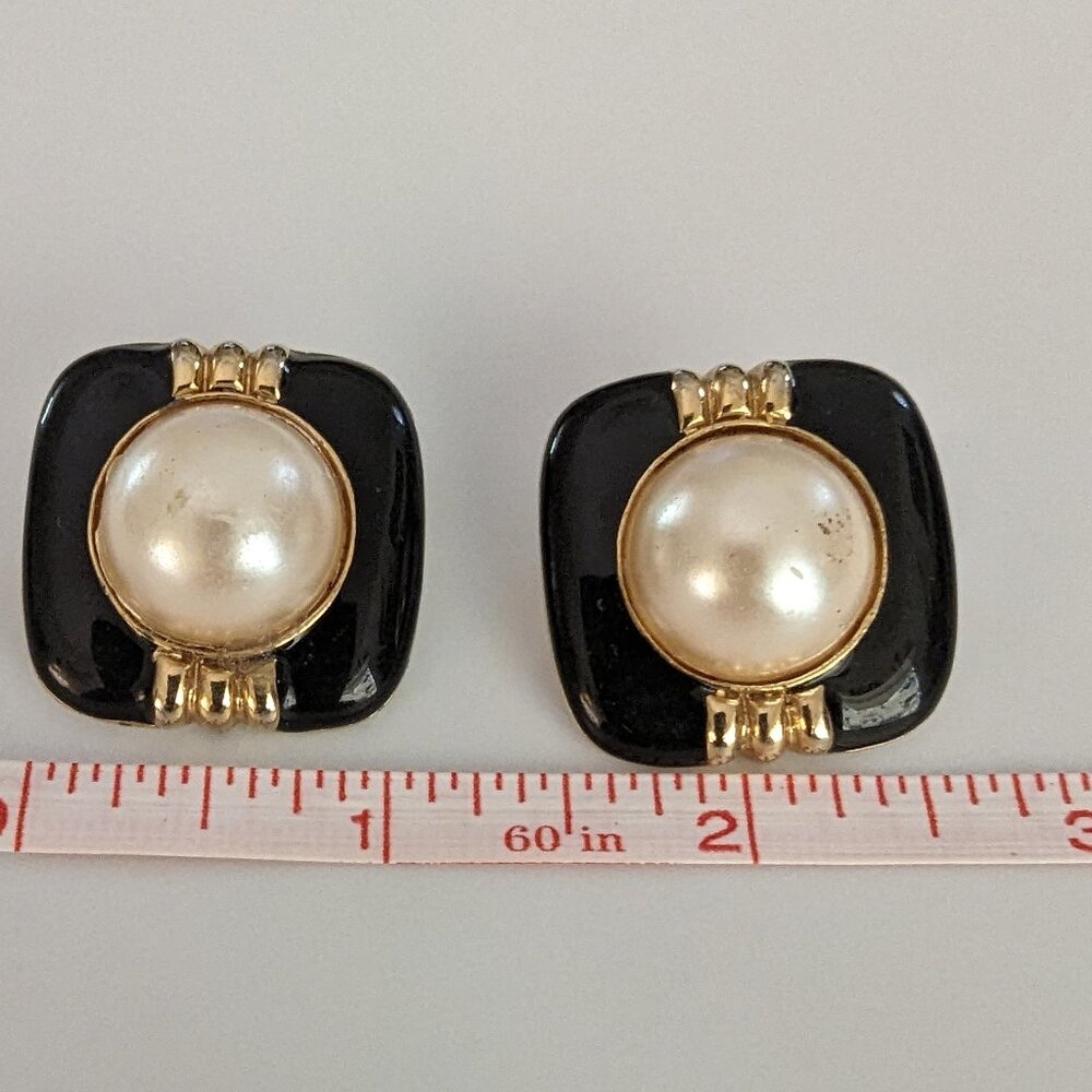 Faux Pearl and Black Enamel Pierced Earrings